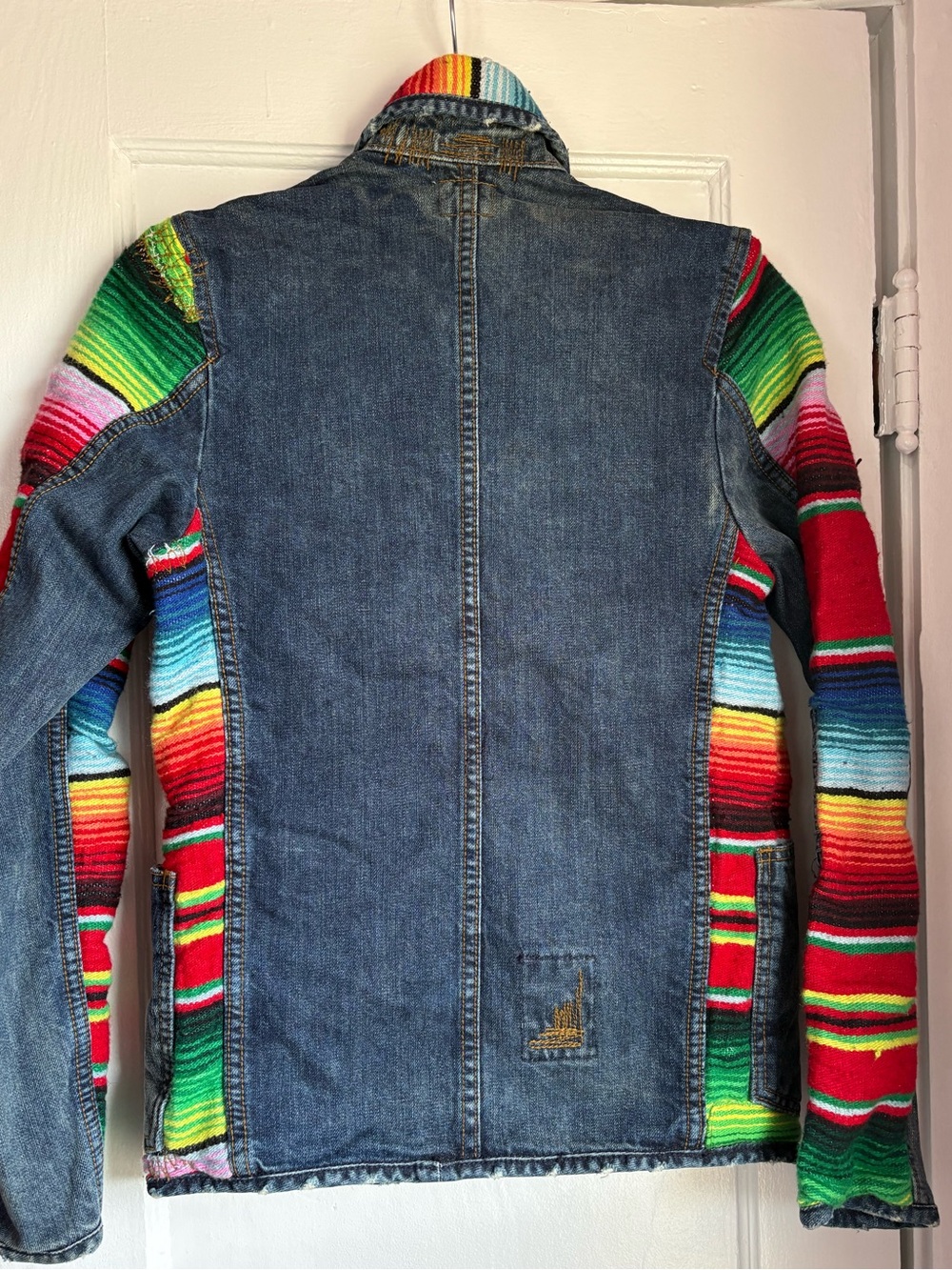Free People ADL Serape Blanket Denim Mixed Media Patchwork Jacket Boho XS - Picture 7 of 8